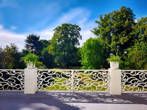a wrought iron fence with two potted plants on it at Baldersnäs Herrgård in Dals Långed