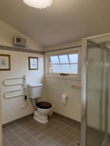 a bathroom with a toilet and a glass shower at Echo point Cottage in Katoomba