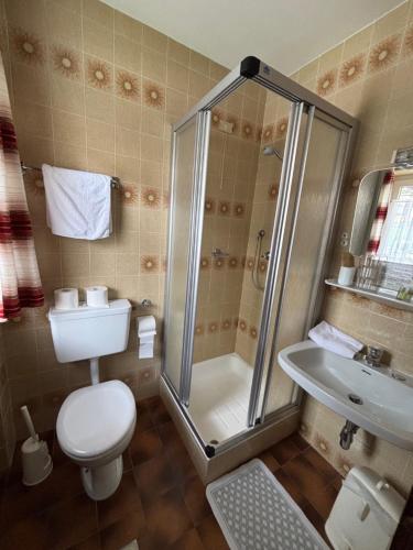 a bathroom with a shower and a toilet and a sink at Gasthof Mesnerwirt in Auna di Sopra