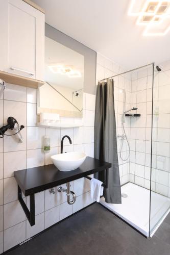 a bathroom with a sink and a shower at Green Seeblick Hotel am See in Obermaubach