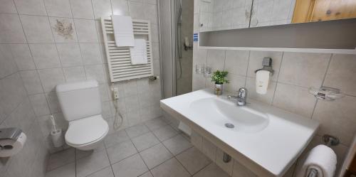 a white bathroom with a toilet and a sink at Hotel Acla Filli in Zernez