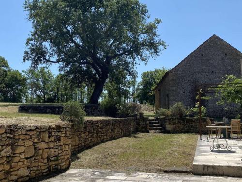 a stone wall and a tree next to a building at Maison en pierre avec jardin et piscine privée, proche Trémolat - FR-1-824-21 in Paunat