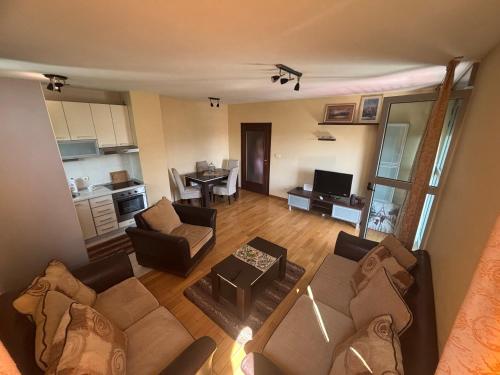 vistas a la sala de estar con sofá y cocina en Gorica C Apartment, en Podgorica