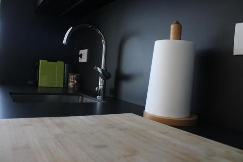 a kitchen counter with a sink and a roll of paper towels at LuxApart74 l Comfy & Minimal Stay in Ierapetra in Ierápetra