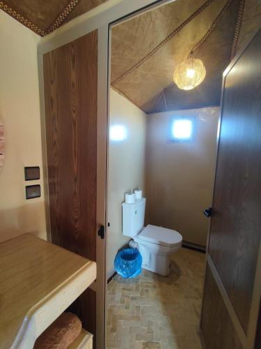 Un pequeño baño con inodoro y ducha. en ChariF Luxury Camp, en Rissani