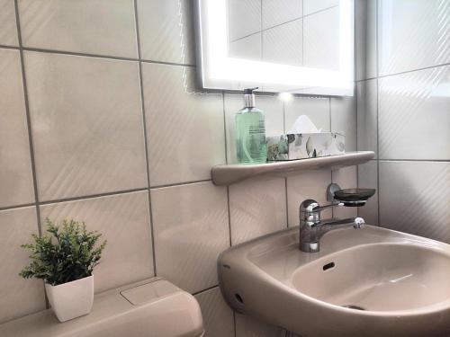 a bathroom with a sink and a toilet and a mirror at Top duplex Apartment Zurich-Limmattal in Killwangen
