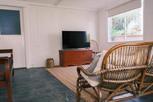 a living room with a chair and a television at Blume Cottage 1860 in Stockwell