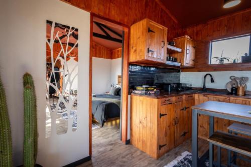 カリッツドープにあるThe Cactus Deck by Matilo Cabins Klein Karoo R62 with Hot-tubのキッチン(木製キャビネット付)、ベッド1台が備わります。
