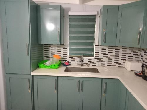 a kitchen with green cabinets and a sink at Tranquil Arima in Maturita