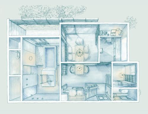 an observational drawing of a kitchen with a window at ROKUSYO Kanazawa in Kanazawa