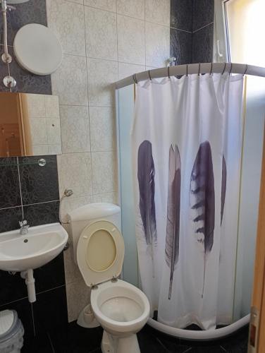a bathroom with a toilet and a shower curtain with feathers at Hostel Centrum in Mostar
