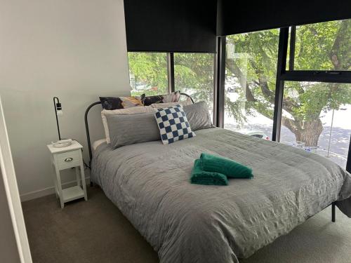 - un lit avec un oreiller vert dans la chambre dans l'établissement Plush 221 Midnight Braddon 2bedroom 2bathroom Free parking Free wifi, à Braddon