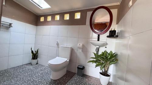 a bathroom with a toilet and a mirror and a sink at Tetebatu flower in Tetebatu