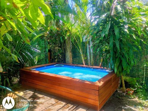 a hot tub in a garden with trees at El Tucán Feliz - Jungle tiny guest house by Playa Cocles in Cocles