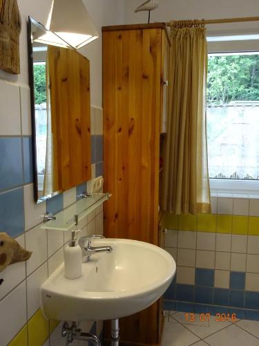 baño con lavabo, espejo y ventana en Ferienwohnung Hermannstein, en Ilmenau