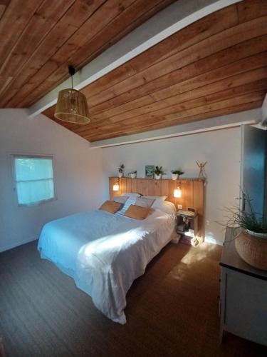 a bedroom with a large bed and a wooden ceiling at Villa familiale aux portes du Médoc et de Bordeaux in Blanquefort