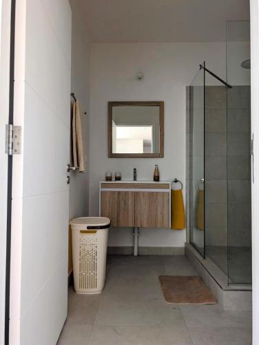 a bathroom with a sink and a glass shower at Sea Beach Appartement in Tamarin