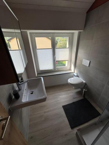 a bathroom with a sink and a toilet and two windows at Petit Bourg au cœur de Martigny in Martigny-Ville