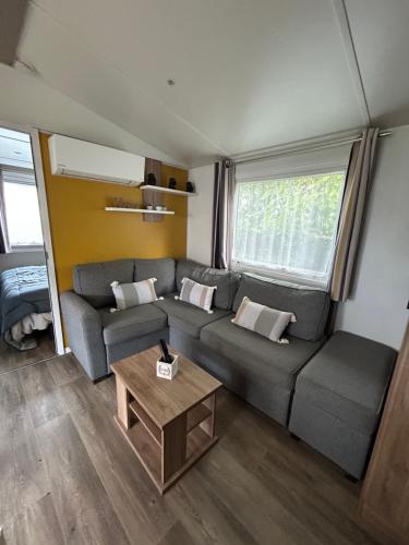 a living room with a couch and a table at Mobil-Home 3ch 8 pers - Les Charmettes K100 - Les Mathes in Les Mathes