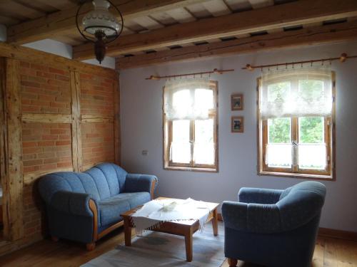 a living room with two blue chairs and a table at Dom Gościnny Ogłuszka in Pilec