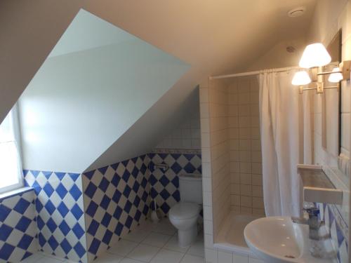 a bathroom with a toilet and a sink at Dom Gościnny Ogłuszka in Pilec