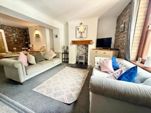 a living room with two couches and a fireplace at Traditional cosy PET FRIENDLY cottage by the canal with Cymru Holidays in Cwm-brân
