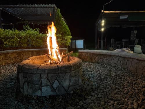 a fire pit in a yard at night at Hotel Selva Cristal in San Carlos