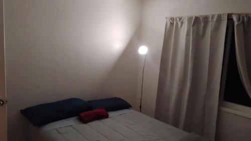 une petite chambre avec un lit avec une lumière à côté d'une fenêtre dans l'établissement Delicados Pastos, à Ricaurte