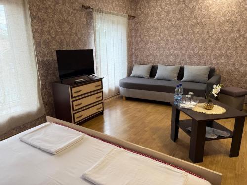 a living room with a couch and a tv at Hotel Мукачево in Mukacheve