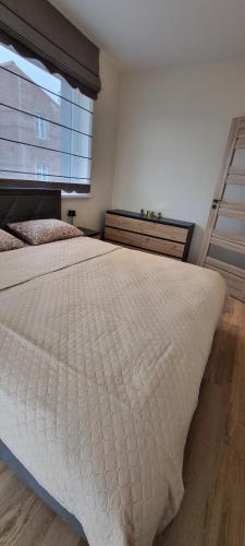 a bedroom with a large white bed with a window at Žvejų gatvė 1 Telšiai in Telšiai