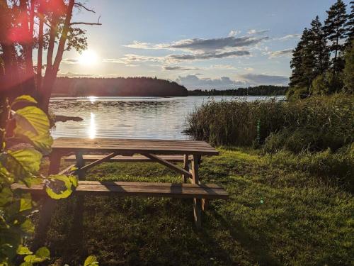 a picnic table sitting in front of a lake at 4 star holiday home in MALMKÖPING-By Traum in Malmköping
