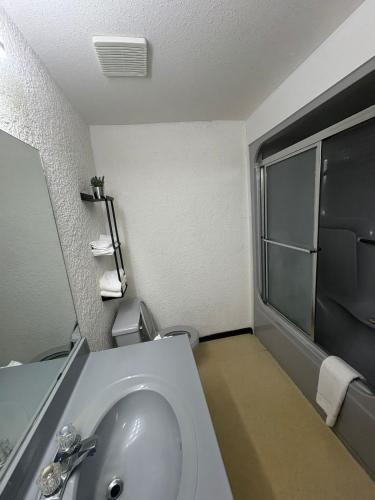 a bathroom with a white sink and a window at Maple Creek Motor Inn in Maple Creek