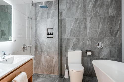 a bathroom with a shower and a toilet and a sink at The Powderhorn Chateau in Ohakune