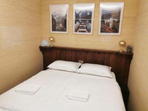 Bett in einem Zimmer mit Bildern an der Wand in der Unterkunft Alpine Luck Apartment, Sella Nevea in Sella Nevea