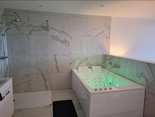 a bathroom with a shower and a tub and a sink at Les terrasses du golf in Égat