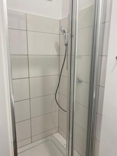a shower in a bathroom with a glass door at Habicher Vienna Apartments in Vienna