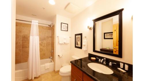 a bathroom with a sink and a toilet and a mirror at Lift 1 Lookout - NEW PROPERTY - WiFi - Ski Locker - Mountain Views - Shops - Restaurants in Twining