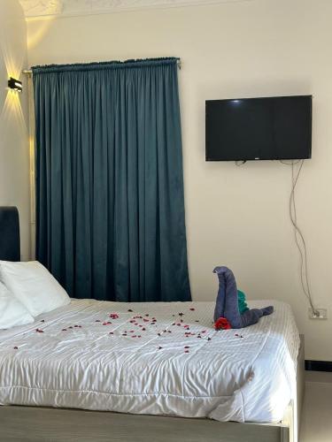 a bedroom with a bed with a television on the wall at king pyramids in Cairo