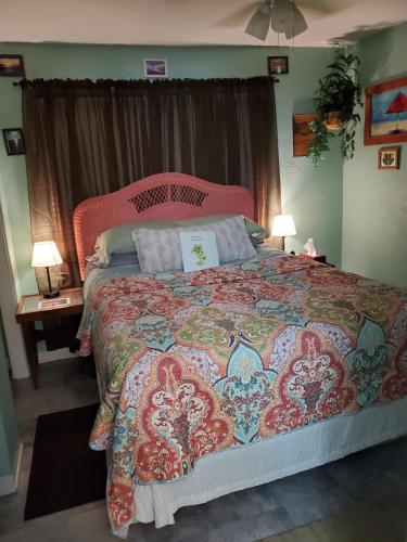 a bedroom with a large bed with a colorful bedspread at Tropical Hideaway in Daytona Beach