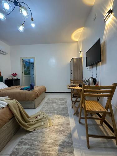 a living room with a couch and a table and a tv at king pyramids in Cairo