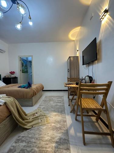 a living room with a bed and a desk and a tv at king pyramids in Cairo