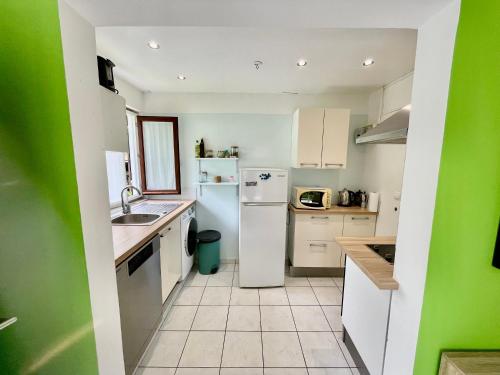 a kitchen with white appliances and a green wall at Ti Kaz Houelmont, Vue jardin tropical, proche plage de Rivière-Sens in Gourbeyre