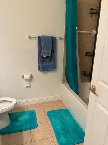 a bathroom with blue rugs on the floor and a shower at Miami Fort Lauderdale Vacation Rooms in Miramar