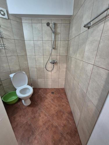 a bathroom with a toilet and a shower at Апартамент за гости Роси in Sinemorets