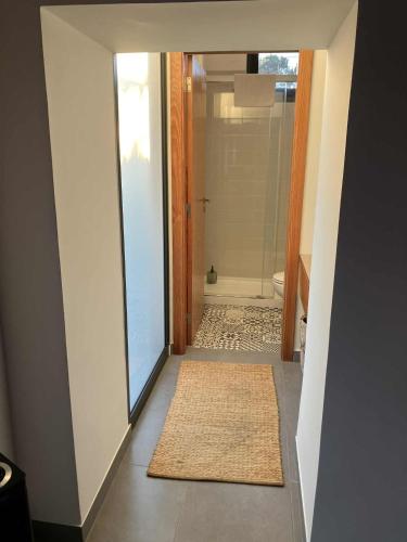 a bathroom with a walk in shower and a glass door at Casa Herbarium in Prazeres