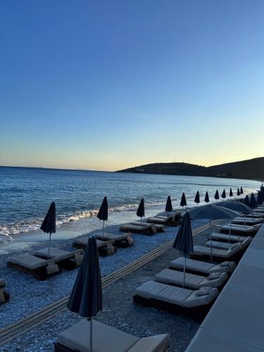a row of lounge chairs and umbrellas on a beach at Sevilia Rooms in Qeparo