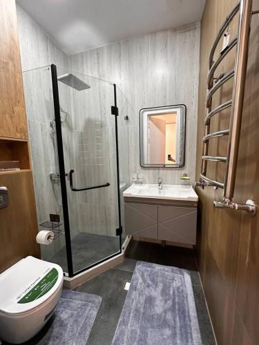 a bathroom with a shower and a toilet and a sink at Babur in Yakkasaray
