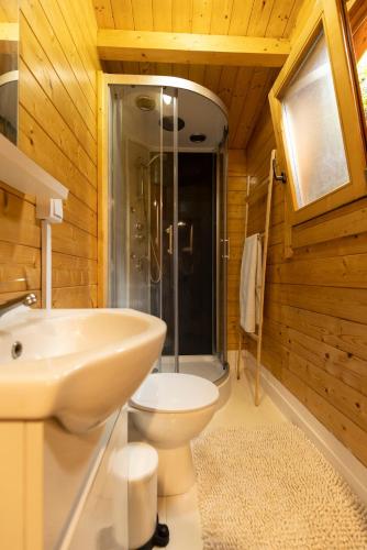 a bathroom with a toilet and a sink and a shower at Cabana a 15 minutos do Guincho in Alcabideche