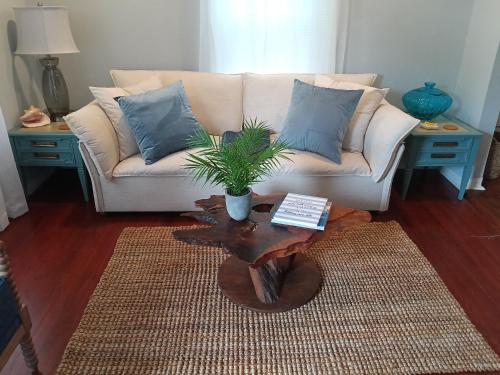 a living room with a couch and a coffee table at Pensacola hidden gem cottage 3 minutes from Navy Base, pet friendly in Pensacola