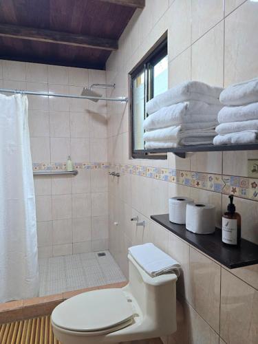a bathroom with a toilet and a shower and towels at El Santuario Ecolodge in Boquete